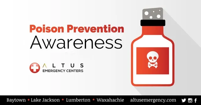 Poison Prevention Awareness banner with cartoon poison bottle