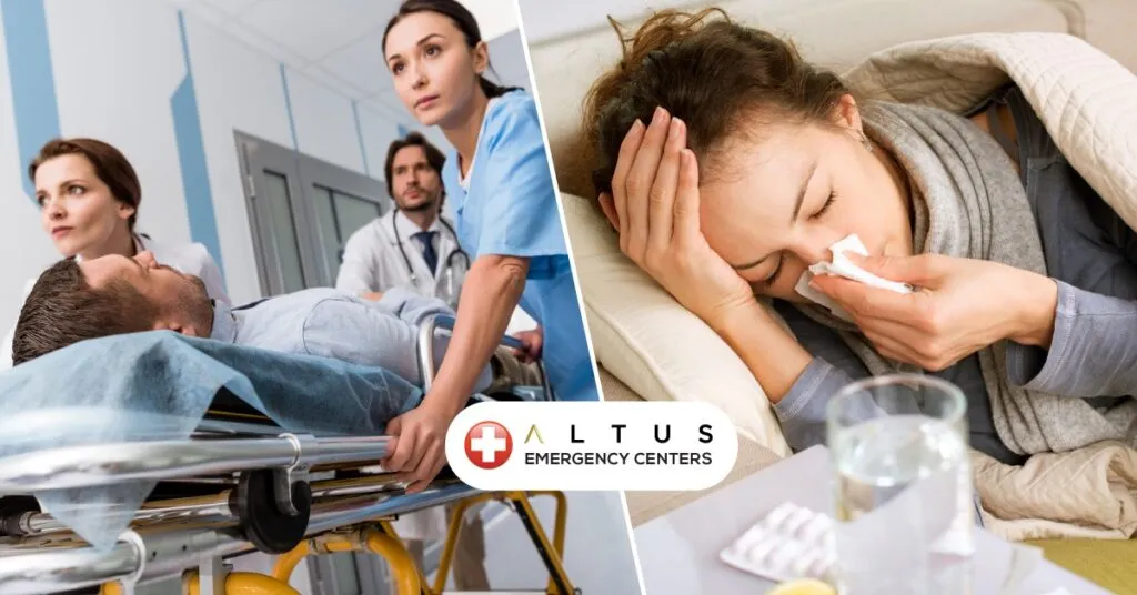 emergency care on the left and a woman with a flu on the right