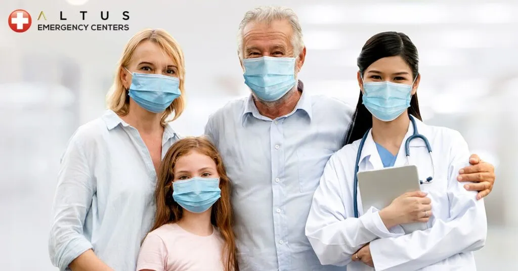 family with a doctor wearing a face mask