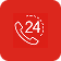 A white telephone icon with the number 24 inside a dotted circle on a red background, representing round-the-clock availability, 24/7 emergency support, and the constant accessibility of critical medical services.