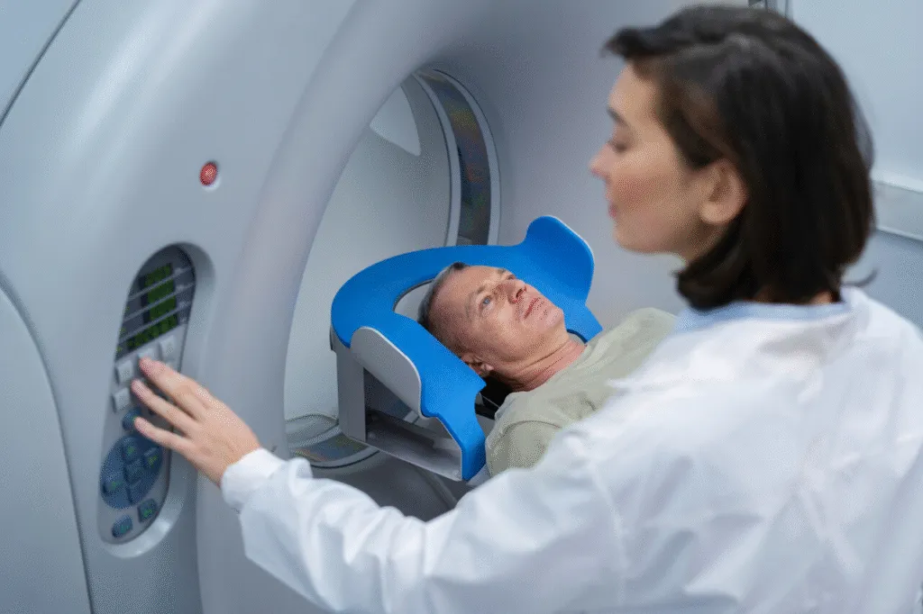 Male patient undergoing a CT scan while a healthcare professional operates the machine
