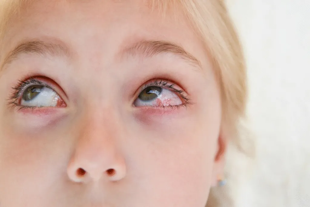 Close-up of a child's eyes showing signs of conjunctivitis or eye irritation, with redness and inflammation