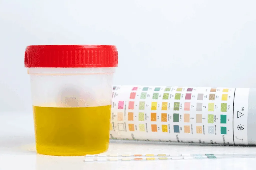 Urine sample container with red cap placed beside a color chart and test strips used for urine drug test analysis.