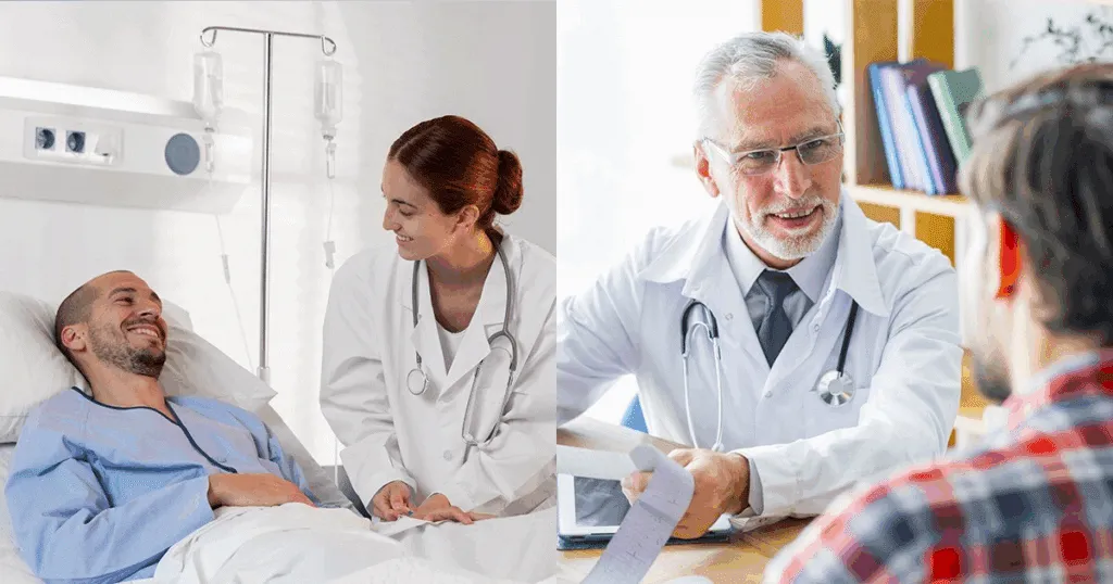 A doctor attends to a smiling inpatient in a hospital bed, while another physician consults with an outpatient during a medical appointment.