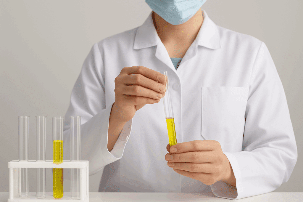 Medical professional holding a urine sample in a test tube for analysis as part of a 5-panel drug test in a laboratory setting.
