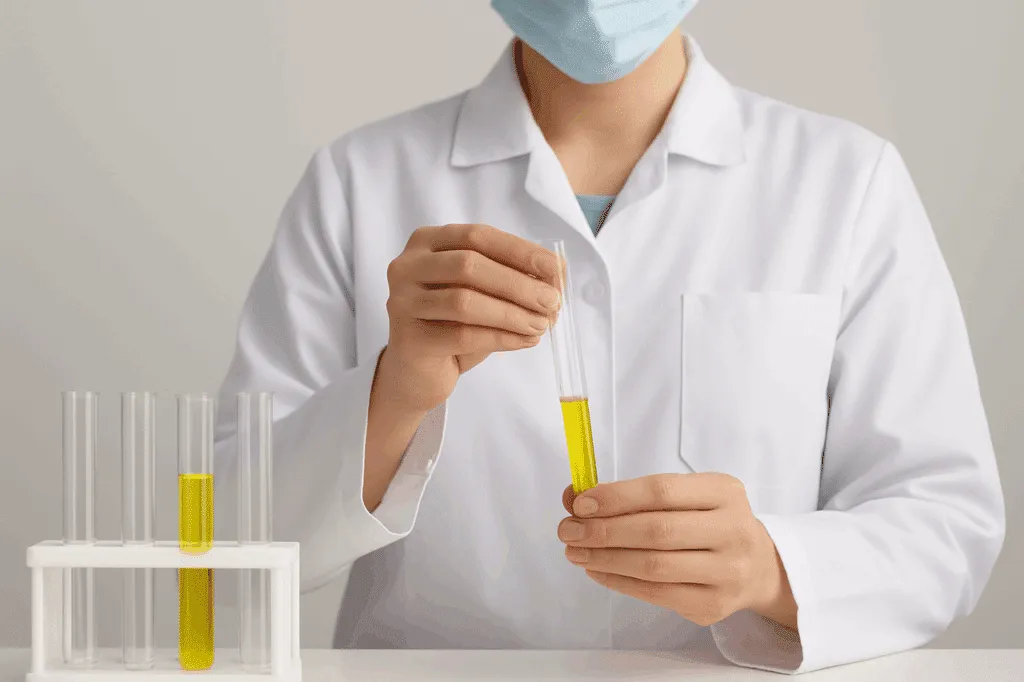 Medical professional holding a urine sample in a test tube for analysis as part of a 5-panel drug test in a laboratory setting.