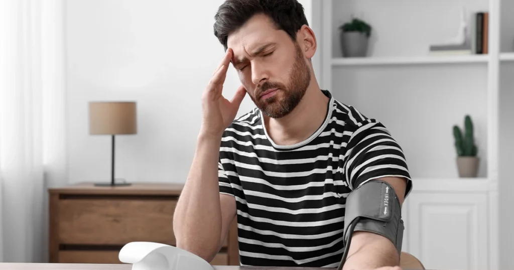 Man measuring blood pressure and feeling headache discomfort.