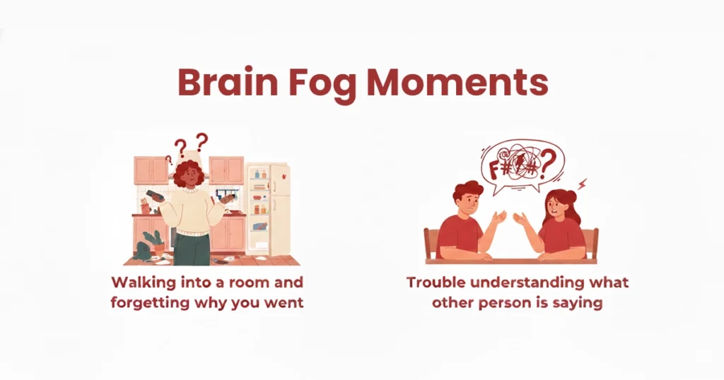 Illustration showing common brain fog moments like forgetfulness and confusion.