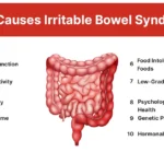 Infographic showing main causes of IBS with a gut illustration.