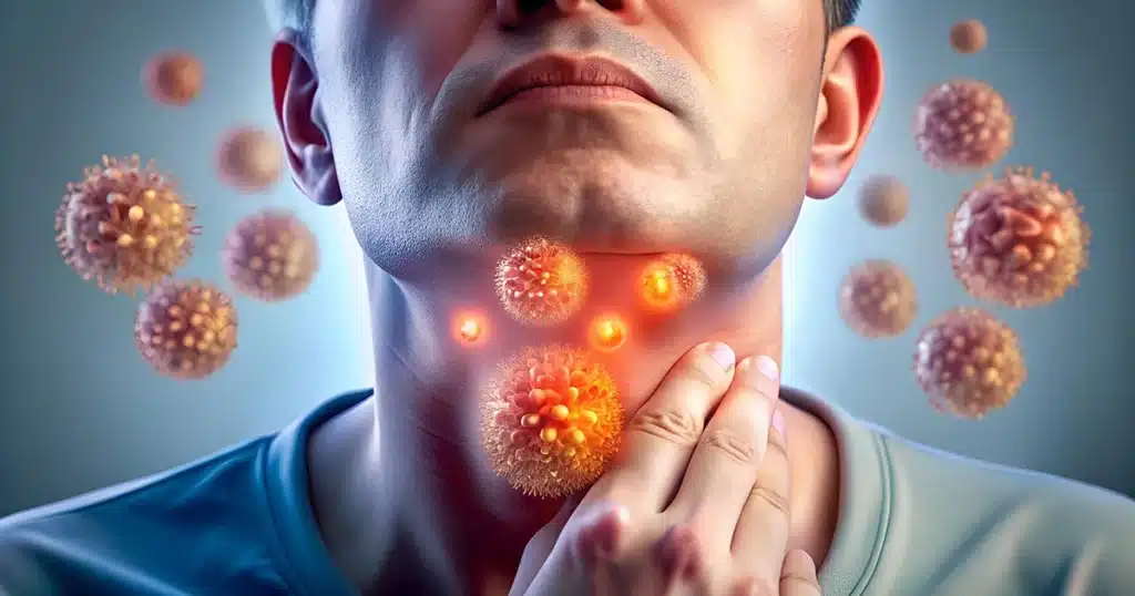 Illustration of throat infection with inflamed lymph nodes and viruses.