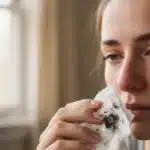 Woman holding tissue with black mucus.
