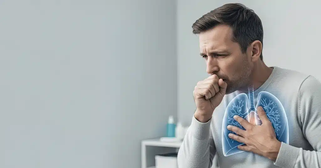 Man coughing with symptoms of bronchitis and pneumonia