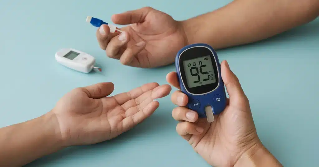 Person using glucometer to check blood sugar level.