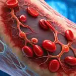 Close-up medical illustration of blood clot inside artery.