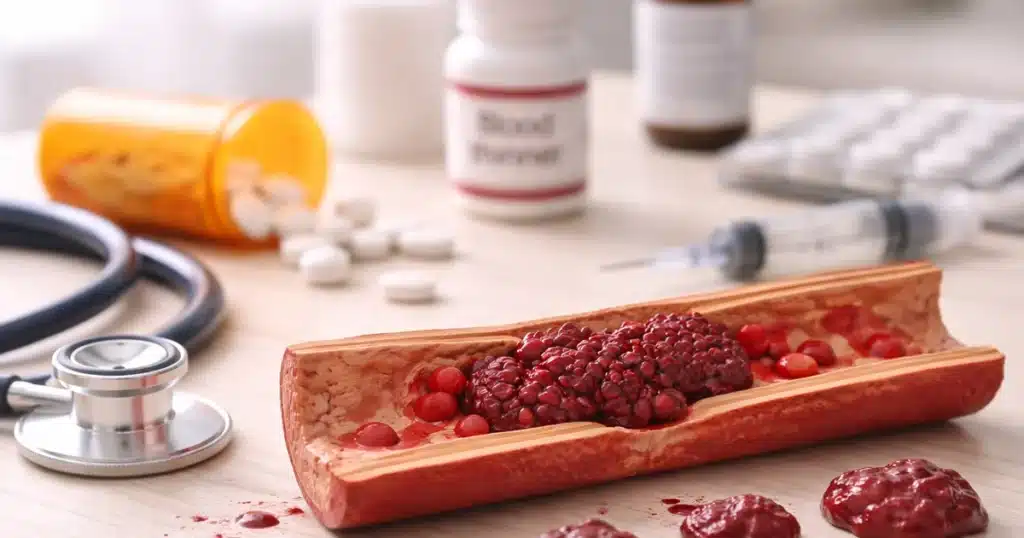Blood clot model inside a vessel with stethoscope, pills, and medical supplies on a light surface.