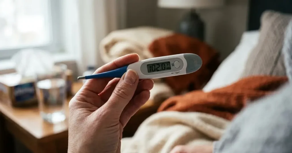 A close-up of a person's hand holding a modern digital thermometer displaying a fever of 102.0°F in a dimly lit, cozy bedroom setting.