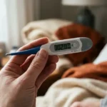 A close-up of a person's hand holding a modern digital thermometer displaying a fever of 102.0°F in a dimly lit, cozy bedroom setting.