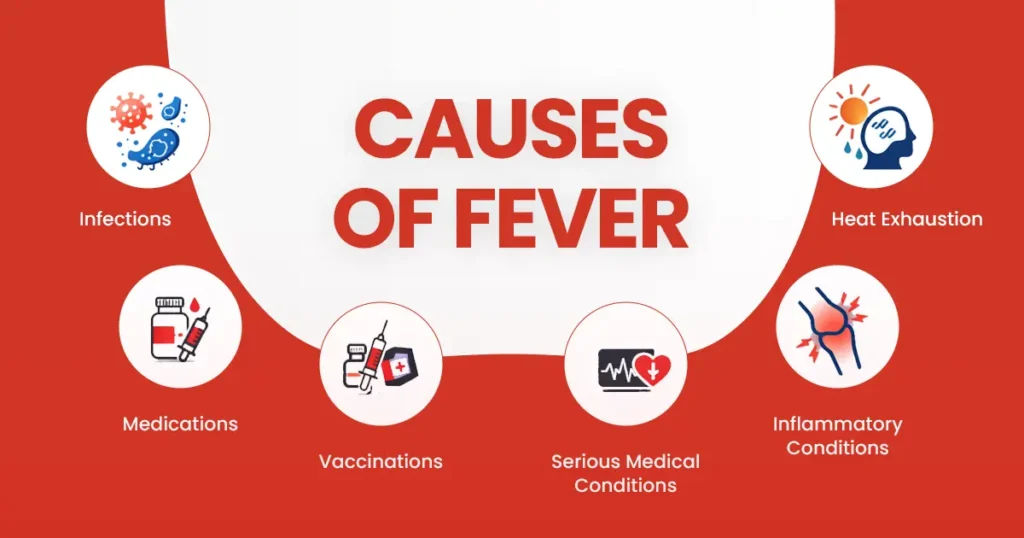 A red and white medical infographic titled 'Causes of Fever' highlighting infections, medications, vaccinations, medical conditions, inflammatory issues, and heat exhaustion.