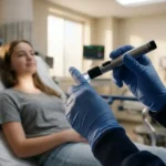 A candid close-up of a healthcare provider's gloved hands holding a laryngoscope light. In the background, a patient's neck is slightly visible as they rest on a gurney. Soft, warm light suggests the passage of time and recovery.