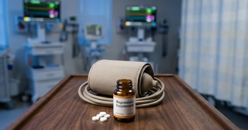 A close-up, high-definition shot on a polished medical cart surface. A medical-grade blood pressure monitor cuff is coiled. In front of it, several small, white magnesium supplement tablets rest next to an open bottle, emphasizing the choice between intervention and maintenance.