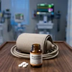 A close-up, high-definition shot on a polished medical cart surface. A medical-grade blood pressure monitor cuff is coiled. In front of it, several small, white magnesium supplement tablets rest next to an open bottle, emphasizing the choice between intervention and maintenance.