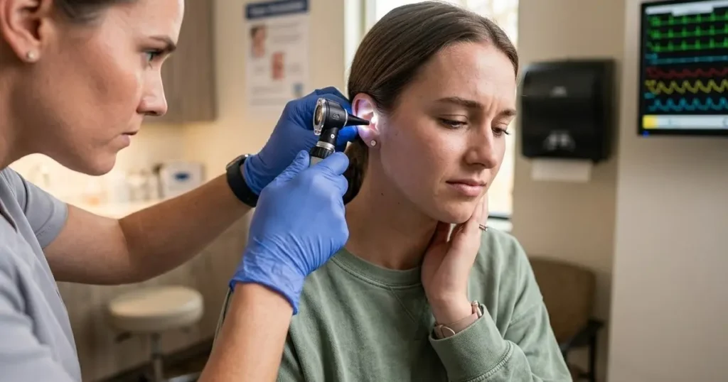 A dynamic close-up taken from behind a doctor's shoulder. They are using an otoscope to look into the ear of a seated patient who has a tense, uncomfortable expression around their jawline. The background shows blurred ER monitoring equipment.