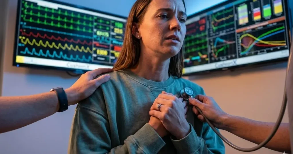 A close-up shot of a nurse’s hand with a pulse oximeter on a female patient’s finger. In the immediate foreground, a stethoscope is resting near the patient's shoulder. Blurred background monitors show diagnostic wave patterns, emphasizing urgent medical assessment.