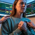 A close-up shot of a nurse’s hand with a pulse oximeter on a female patient’s finger. In the immediate foreground, a stethoscope is resting near the patient's shoulder. Blurred background monitors show diagnostic wave patterns, emphasizing urgent medical assessment.