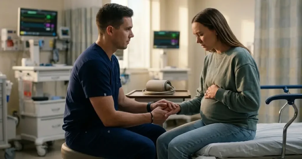 An over-the-shoulder shot of a healthcare provider comforting a seated pregnant woman (20s) in casual attire. The patient looks down, resting her head in her hands with a pale complexion. A rolling medical cart with supplies is blurred in the background, conveying supportive care.
