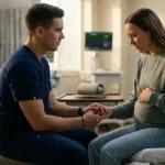 An over-the-shoulder shot of a healthcare provider comforting a seated pregnant woman (20s) in casual attire. The patient looks down, resting her head in her hands with a pale complexion. A rolling medical cart with supplies is blurred in the background, conveying supportive care.