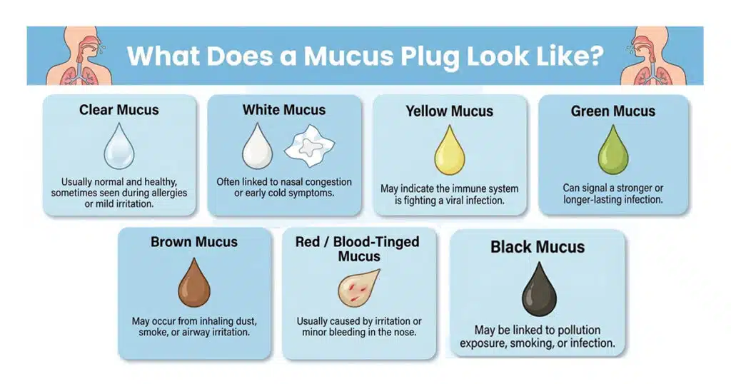 Chart explaining mucus colors: clear, white, yellow, green, brown, red, and black, with related health symptoms.
