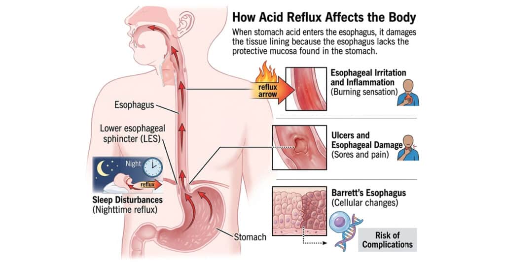 Diagram showing how acid reflux impacts the body, highlighting esophageal irritation, ulcers, and sleep disturbances.