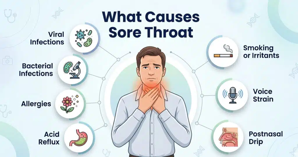 Infographic showing a man clutching his neck surrounded by icons for common sore throat causes.
