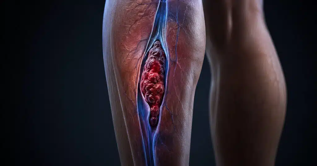 Close-up of a human lower leg with a visible vein blocked by a large blood clot.