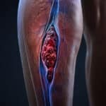 Close-up of a human lower leg with a visible vein blocked by a large blood clot.