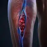 Close-up of a human lower leg with a visible vein blocked by a large blood clot.