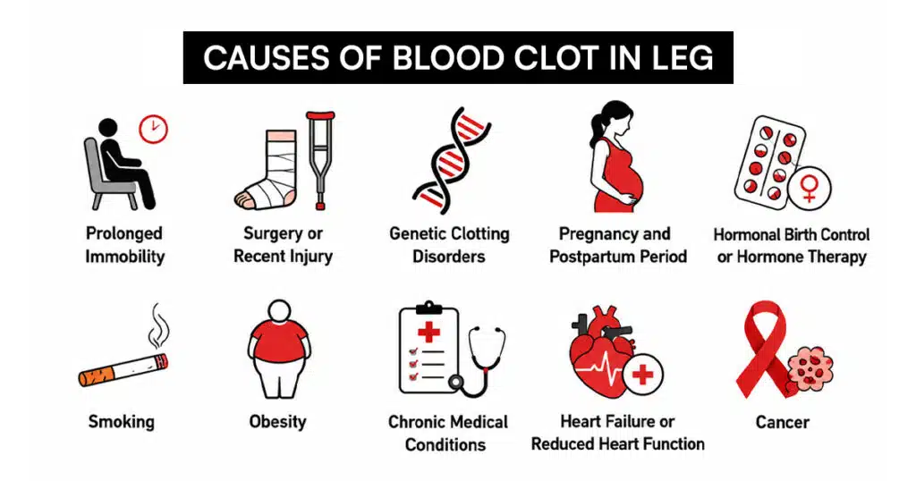 Infographic listing ten causes of leg clots.