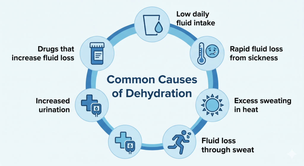 Infographic showing common causes of dehydration