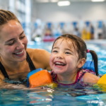 Woman guiding a smiling child during a swim lesson in an indoor pool.