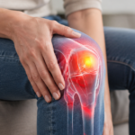 A woman holding her painful knee with red inflammation highlighted.