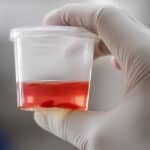 Gloved hand holding a urine sample cup with urine and a visible blood clot