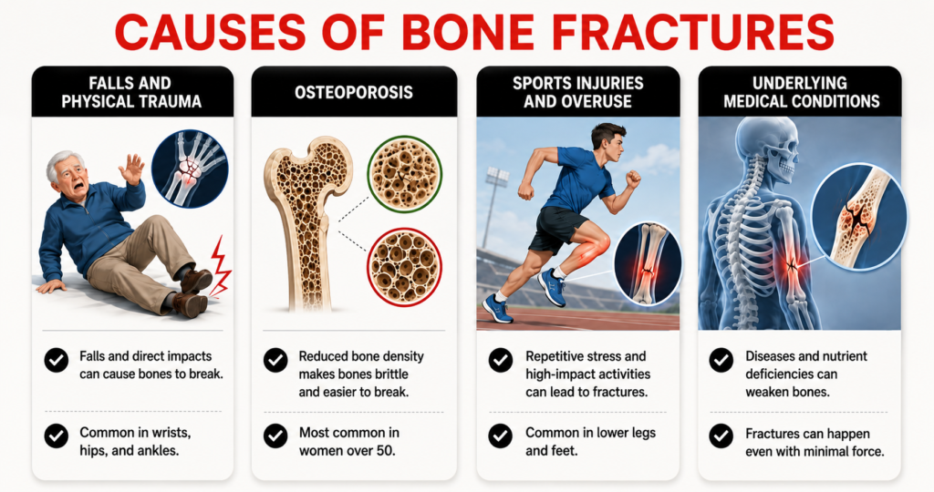 Bone fracture causes infographic with four medical illustration panels.