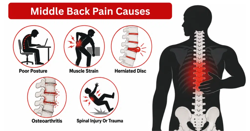 Infographic showing common causes of middle back pain.