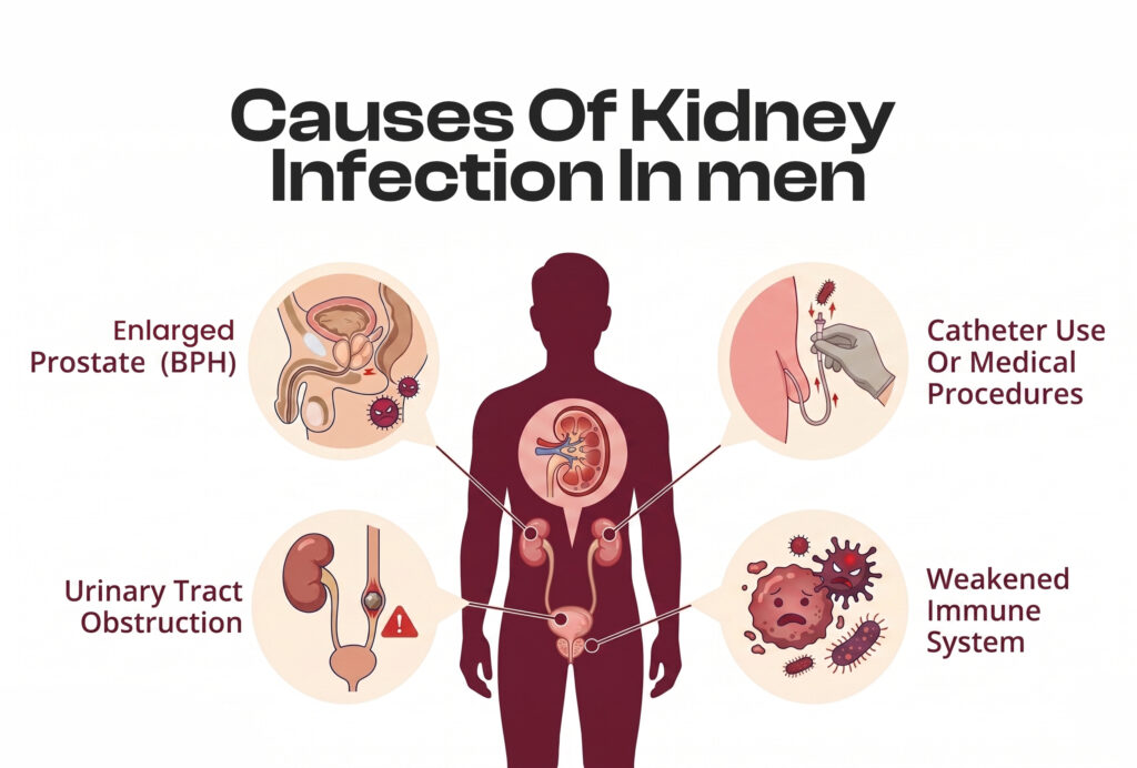 Infographic titled "Causes Of Kidney Infection In men" showing a male silhouette surrounded by four illustrated causes.