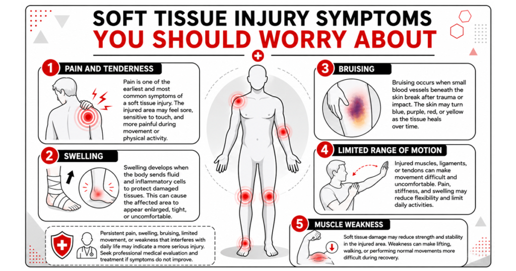 Infographic showing soft tissue injury symptoms including pain, swelling, bruising, limited motion, and muscle weakness.