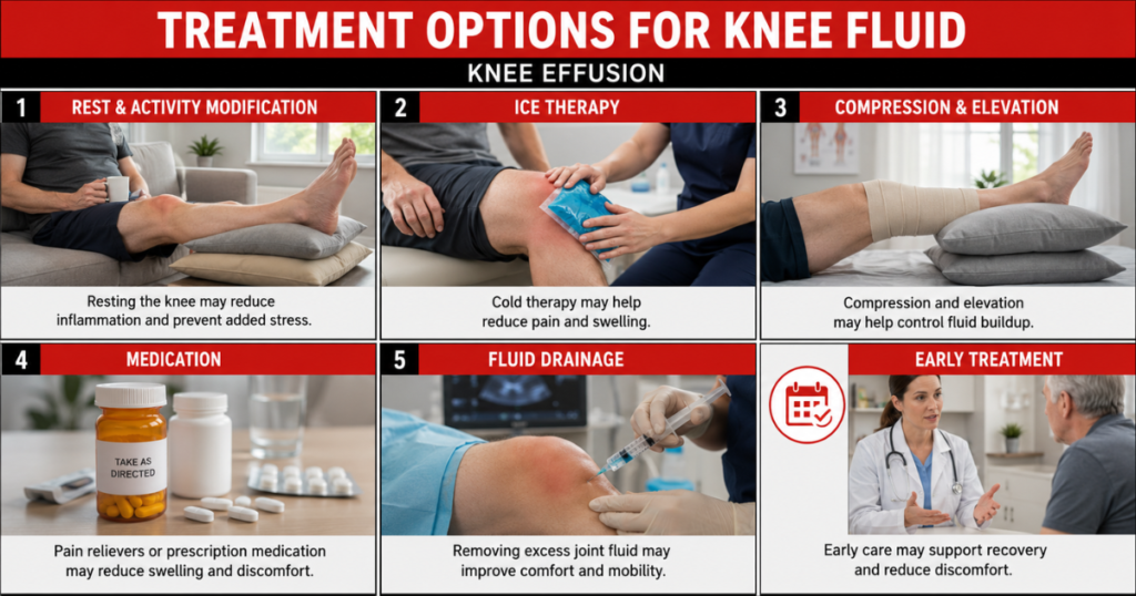 Treatment options for knee fluid infographic.
