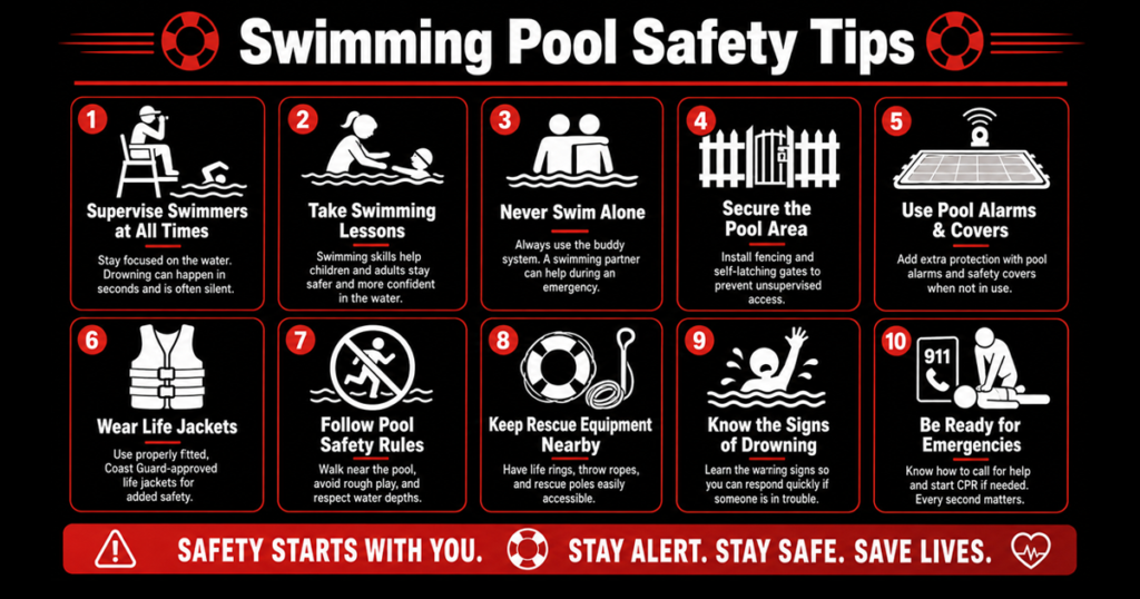Altus: Black and red swimming pool safety tips infographic.