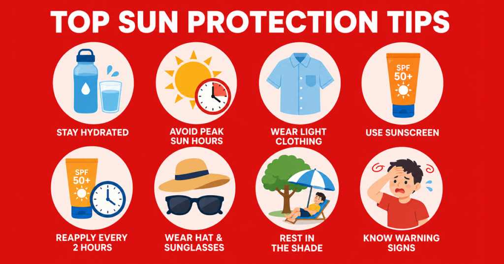 Red sun protection tips infographic with hydration, sunscreen, shade, and warning sign icons.