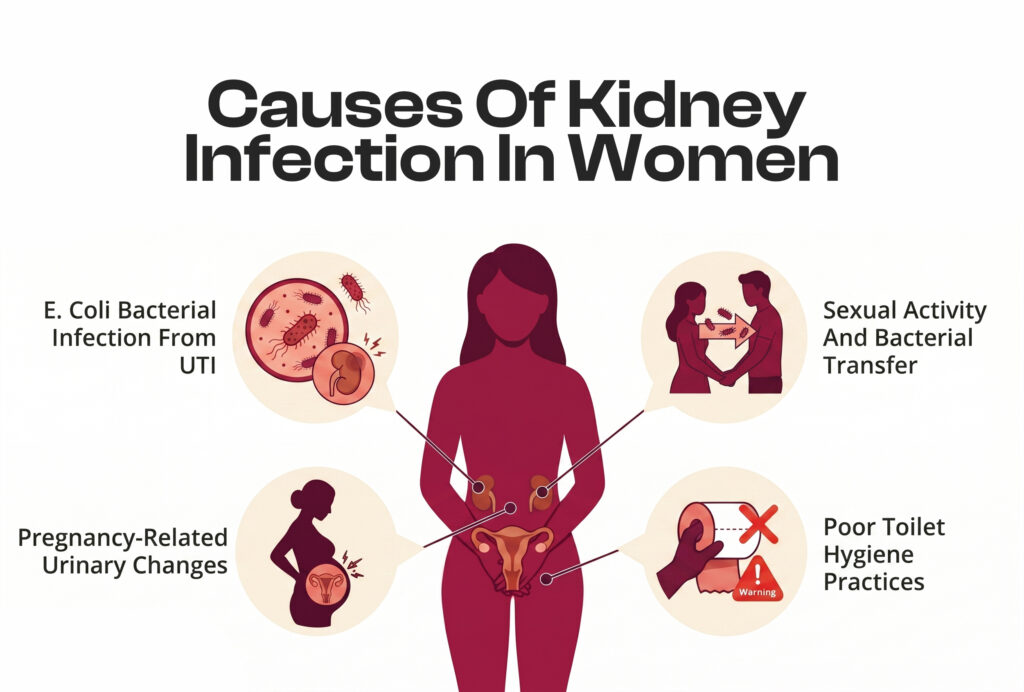 Infographic titled "Causes Of Kidney Infection In Women" showing a female silhouette surrounded by four illustrated causes.