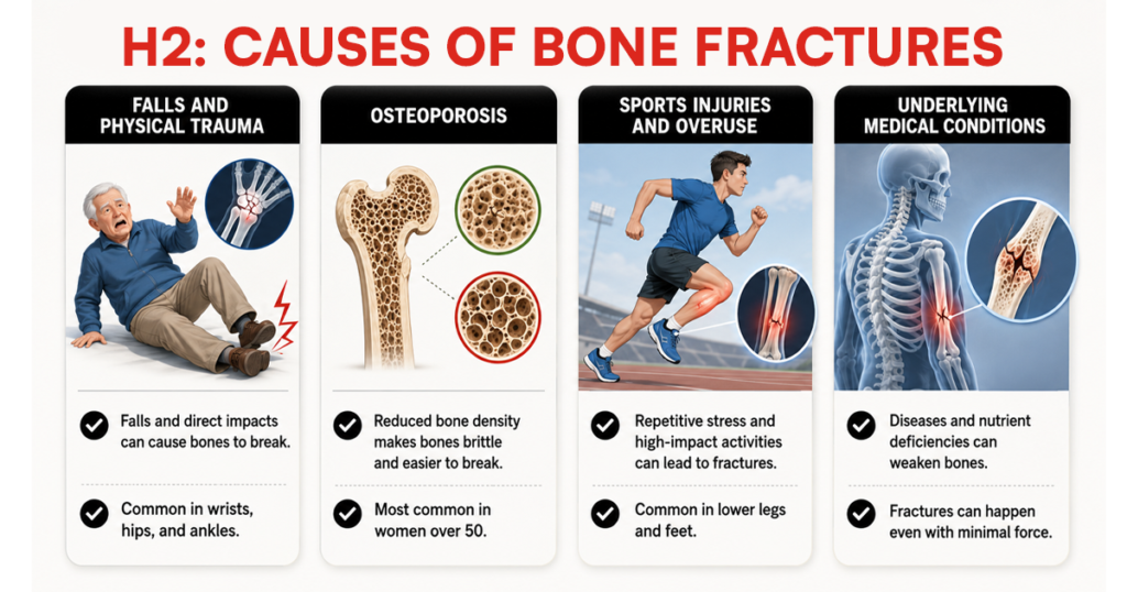 Bone fracture causes infographic with four medical illustration panels.